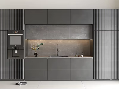 Modern Dark Gray Kitchen Cabinets With Sleek Panels Built in Appliances And Countertop Lighting 3d model