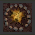 Outdoor Fire Pit With Burning Flames Surrounded By Stones On Red Square Base