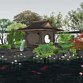 Traditional Chinese Style Pergola In Garden With Pond Lotus Flowers And Koi Fish