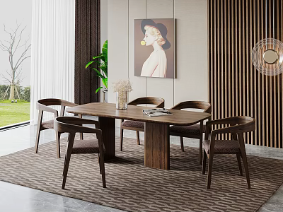 Modern Wooden Dining Table Set With Matching Chairs Wooden Striped Wall Green Plant And Portrait 3d model