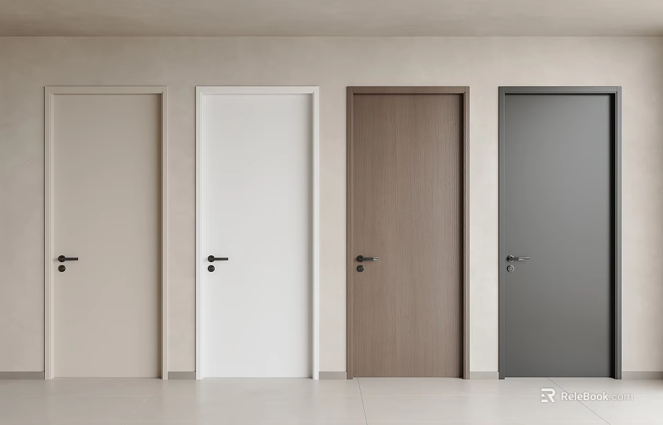 Modern Interior Hinged Doors in Beige White Wooden and Dark Gray Finishes 3d model 