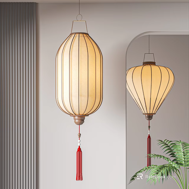 Traditional Hanging Lanterns With Beige Fabric Shade Red Tassel Metal Frame And Green Plant Decor 3d model 