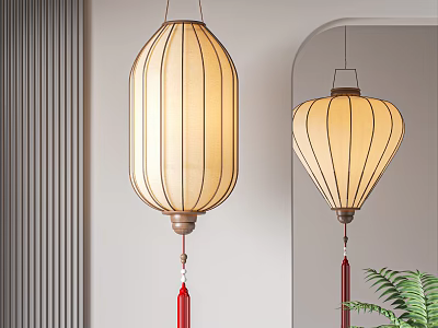 Traditional Hanging Lanterns With Beige Fabric Shade Red Tassel Metal Frame And Green Plant Decor 3d model