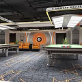 Modern Billiard Room With Black Eight Ball Pool Tables And Orange Seats