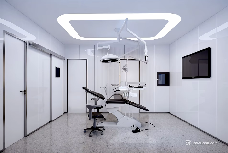 Modern Dental Clinic Interior With White Walls Dental Chair Surgical Lamp And TV Screen 3d model 
