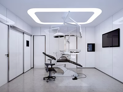 Modern Dental Clinic Interior With White Walls Dental Chair Surgical Lamp And TV Screen 3d model