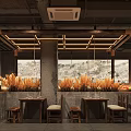 Japanese Ramen Restaurant Interior With Wooden Tables and Stools Wheat Decorations Brick Wall Hanging Lanterns
