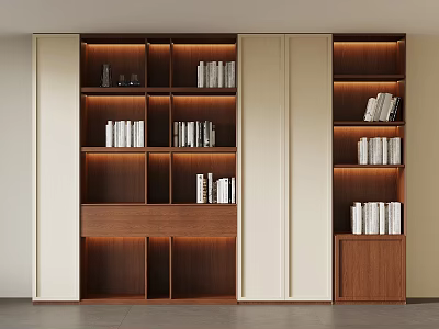 Modern Minimalist Wooden Full Wall Bookshelf With Warm Ambient Lighting And Built In Storage Cabinets 3d model