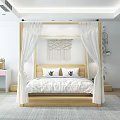 Modern Canopy Double Bed with Wooden Frame White Curtains and Macrame Hanging