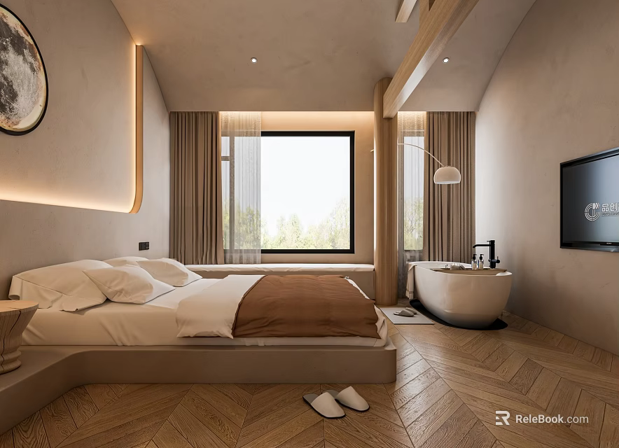Hotel Room With Cozy Bed White Sheets Brown Comforter Wooden Herringbone Floor Bathtub And TV 3d model 