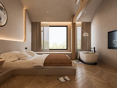 Hotel Room With Cozy Bed White Sheets Brown Comforter Wooden Herringbone Floor Bathtub And TV 3d model