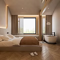 Hotel Room With Cozy Bed White Sheets Brown Comforter Wooden Herringbone Floor Bathtub And TV