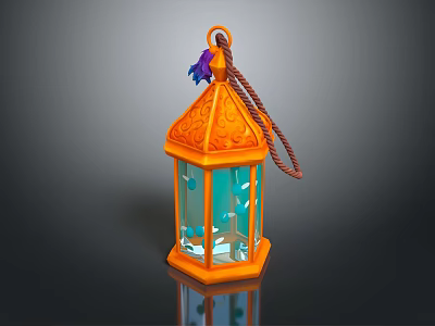 Lantern Shaped Fish Tank Aquarium With Orange Frame Purple Tassel And Blue Aquatic Decor 3d model
