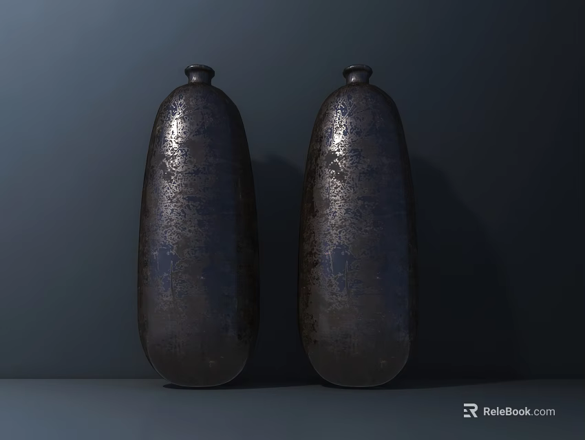 Two Dark Textured Vases With Flowers On Gray Surface Dark Background 3d model 