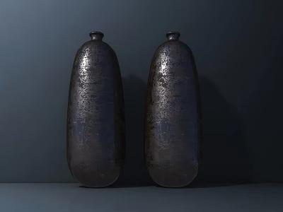 Two Dark Textured Vases With Flowers On Gray Surface Dark Background 3d model