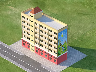 Multi Story School Building With Yellow Red Exterior Windows Red Roof Mural And Green Lawn 3d model