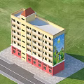 Multi Story School Building With Yellow Red Exterior Windows Red Roof Mural And Green Lawn