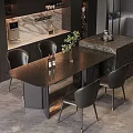 Modern Black Dining Table With Four Chairs Green Plant Wine Bottles And Marble Countertop