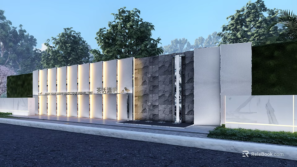 Modern Feature Wall Design With Stone Texture Lighting And Surrounding Trees 3d model 
