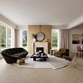 Open Living and Dining Area With Large Windows Black Sofa Red Armchair Fireplace Round Mirror