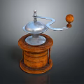 Vintage Kitchen Appliance Manual Coffee Grinder With Silver Metal Parts And Wooden Base