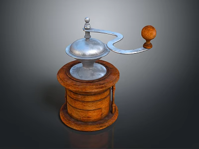 Vintage Kitchen Appliance Manual Coffee Grinder With Silver Metal Parts And Wooden Base 3d model