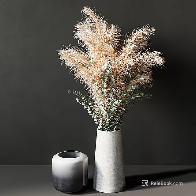 White Vase With Pampas Grass And Eucalyptus On Dark Background With Small Empty Vase 3d model 