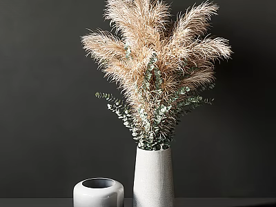 White Vase With Pampas Grass And Eucalyptus On Dark Background With Small Empty Vase 3d model