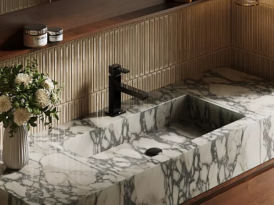 Elegant Marble Sink with Black Faucet White Flowers and Vertical Striped Tile Background 3d model