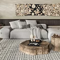 Natural Light Gray Sofa and Wooden Coffee Table Set With Wall Art and Ceramic Vases