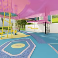 Colorful Children's Playground With Slide Trees Lawn And Pink Blue Building