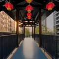 Red Lanterns With Golden Tassels Hanging Under Traditional Wooden Building Eaves