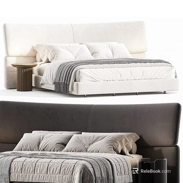 Modern Double Bed With Upholstered Headboard White Sheets Gray Blanket And Nightstand 3d model