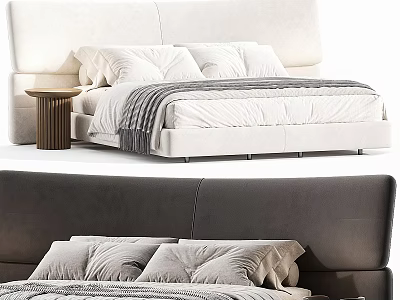 Modern Double Bed With Upholstered Headboard White Sheets Gray Blanket And Nightstand 3d model