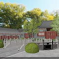 Ancient Chinese Architecture Courtyard With Stone Railings Red Walls Gray Roofs And Lush Trees