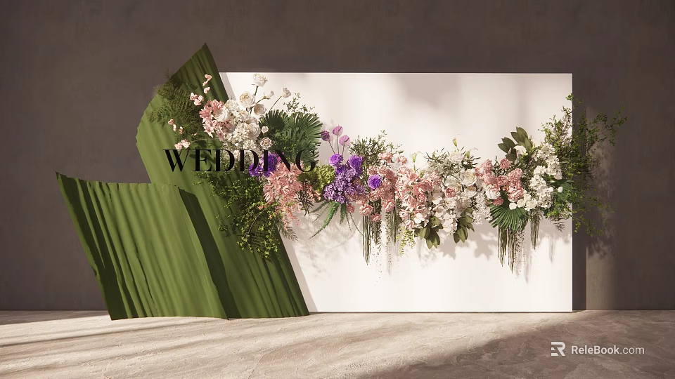 Wedding Flower Decoration With Pink Purple White Blooms And Green Fabric On White Backdrop 3d model 