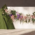 Wedding Flower Decoration With Pink Purple White Blooms And Green Fabric On White Backdrop