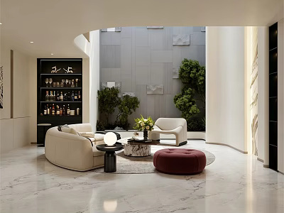 Modern Living Room Interior With Sofa Wine Cabinet Round Coffee Table Plants And Courtyard 3d model