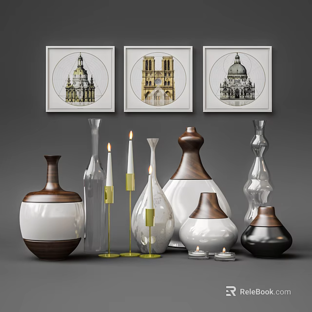 Decorative Ornament Set With Wall Art Prints Vases And Candle Holders In White Brown Transparent 3d model 