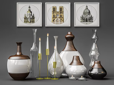 Decorative Ornament Set With Wall Art Prints Vases And Candle Holders In White Brown Transparent 3d model