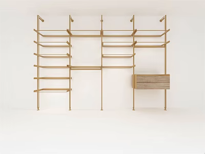 Gold Metal Display Shelving Unit With Multiple Layers And Wooden Drawer Cabinet 3d model