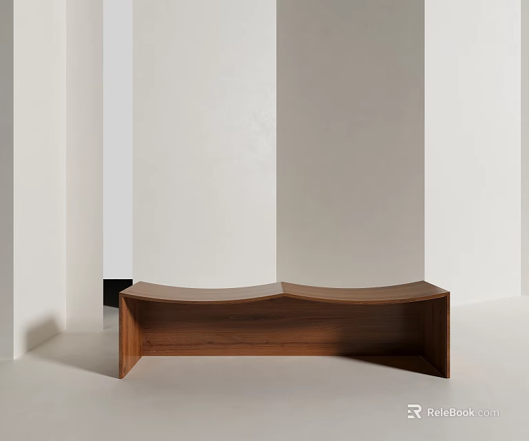 Curved Walnut Wooden Stool with Smooth Curved Design in White Wall Light Floor Setting 3d model 