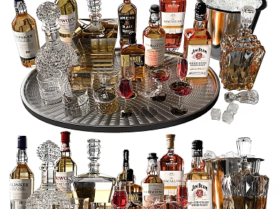 Various Wine Bottles And Elegant Glasses On A Decorative Tray With Ice Cubes 3d model