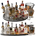 Various Wine Bottles And Elegant Glasses On A Decorative Tray With Ice Cubes