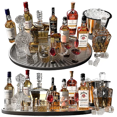 Various Wine Bottles And Elegant Glasses On A Decorative Tray With Ice Cubes 3d model