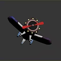 Airplane Model With Blue Purple Wings Red Propeller And Gold Lights On Black Reflective Stand