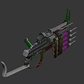Futuristic Mechanical Weapon With Purple Cylinders Green Components And Metal Frame