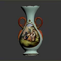 Artistic Light Blue Sculpture Carving Vase With Red Handles And Painted Design