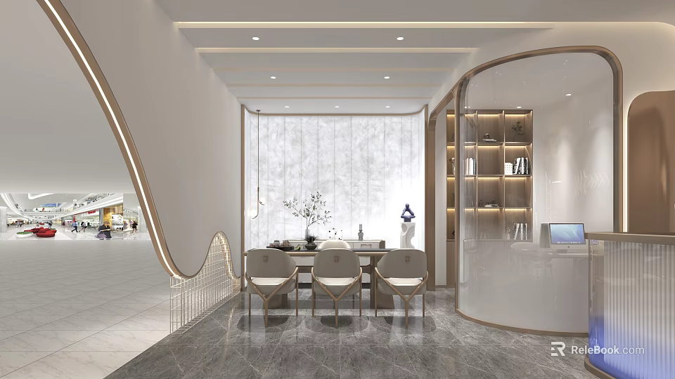 Modern Store Front Desk Interior With Marble Wall Tables Chairs And Display Shelves 3d model 