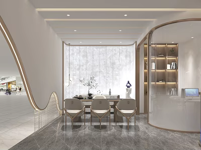 Modern Store Front Desk Interior With Marble Wall Tables Chairs And Display Shelves 3d model